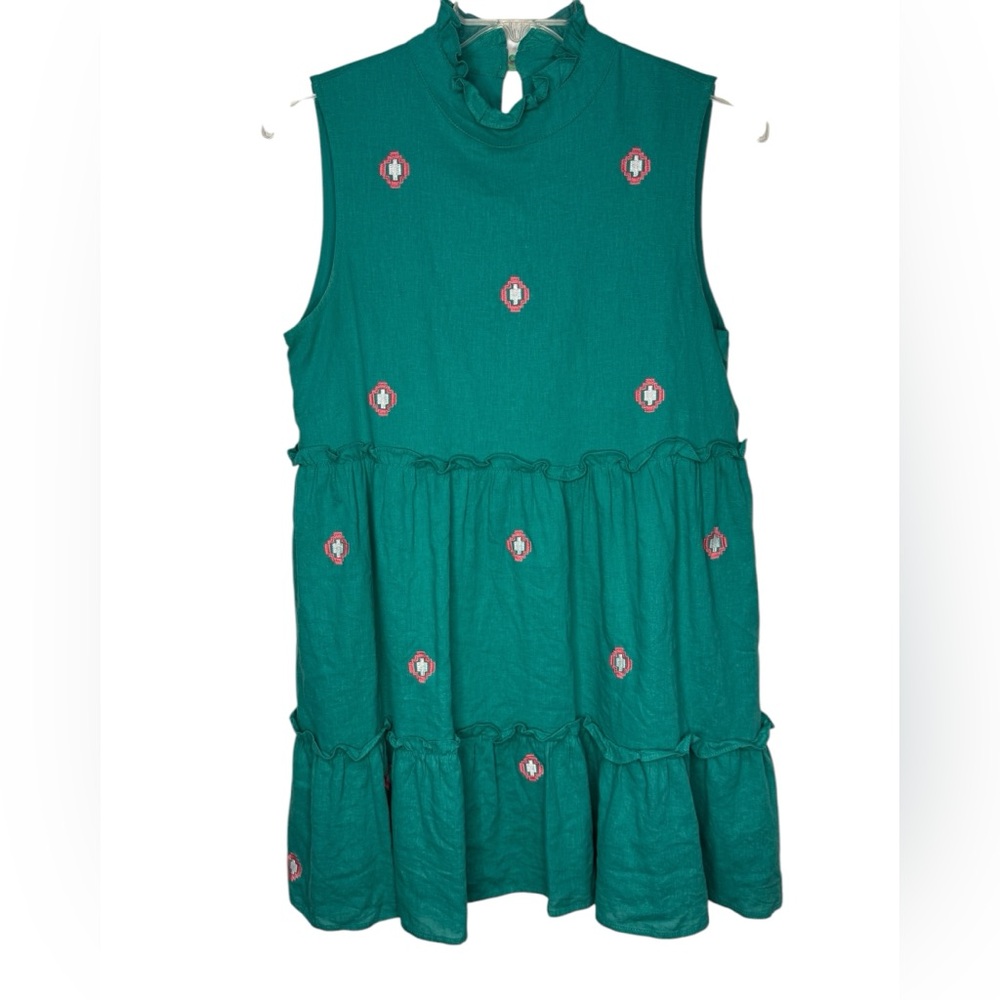 J. Marie Women’s The Evelyn Dress Green Sleeveless Dress with Embroidery Medium